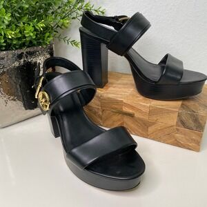 Michael Kors Carmen Black Leather Platform Sandals Heels Block Heel Logo Size 10